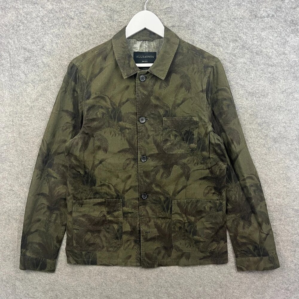 AllSaints Jacket Mens Small Green Kuto Chore Overshirt Japanese Cloth Camo Top